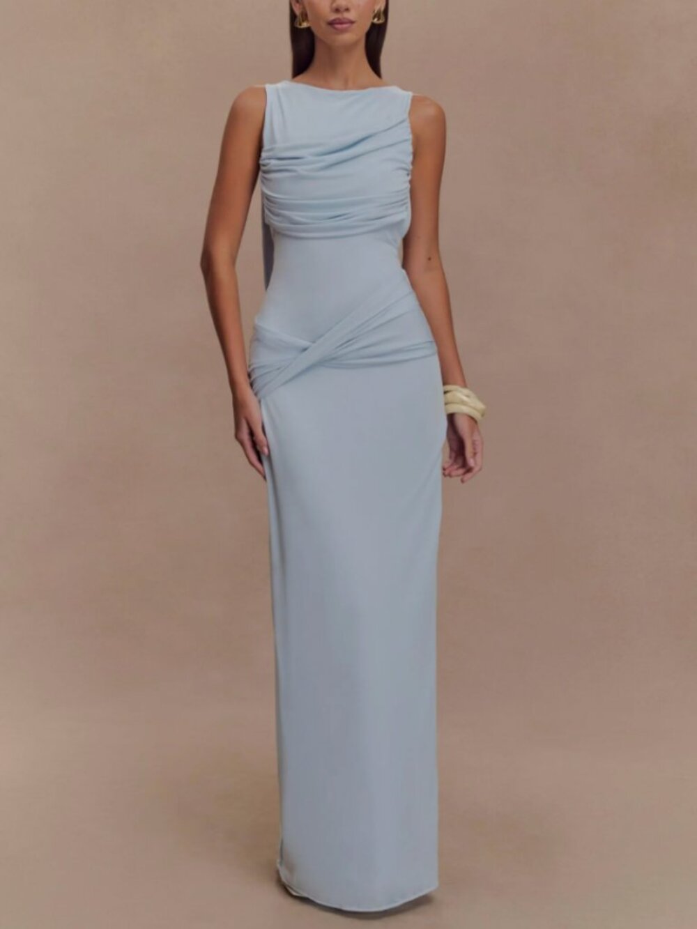 Meshki Henley Slinky Drape Maxi Dress Small Pale Blue Cocktail